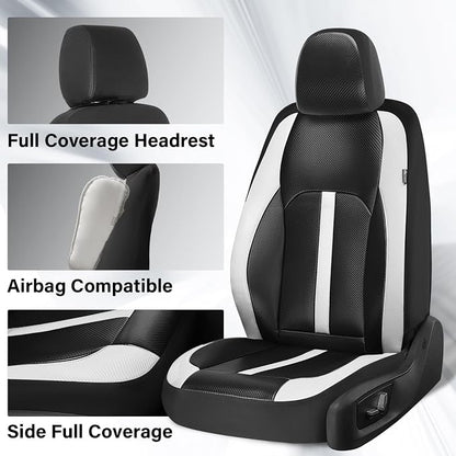 Coverado Leather Car Seat Covers Front Seats & Carbon Fiber, Waterproof and Durable All Weather Protector, Universal Fit for SUV, Pickup Truck, Sedan, Automotive Vehicle Interior, Black&White