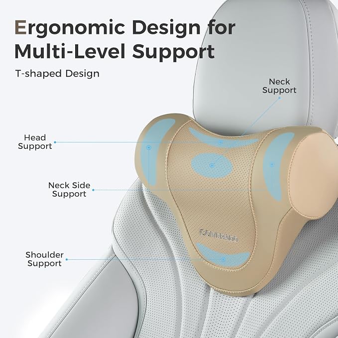 Coverado Car Headrest Pillow, Ergonomic Memory Foam Car Neck Pillow for Driving Seat with Adjustable Strap, Soft PU Leather Breathable Removable Cover Neck Support for Neck Pain Relief - Beige
