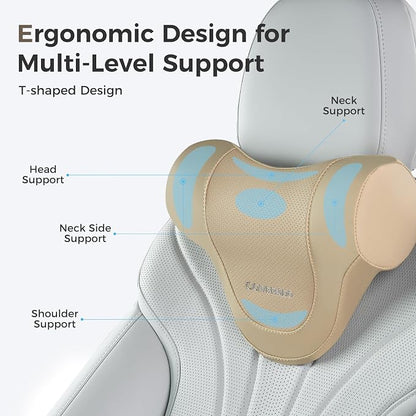 Coverado Car Headrest Pillow, Ergonomic Memory Foam Car Neck Pillow for Driving Seat with Adjustable Strap, Soft PU Leather Breathable Removable Cover Neck Support for Neck Pain Relief - Beige