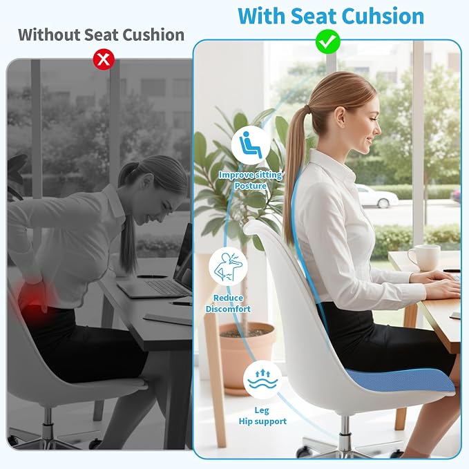 TranquilRelax Large Seat Cushion, Memory Foam Cushion for Long Sitting Hours on Office Chair, Home & Car, Non-Slip Chair Pad for Relieving Back & Sciatica & Hip & Coccyx Pain (Light Blue)