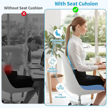 TranquilRelax Large Seat Cushion, Memory Foam Cushion for Long Sitting Hours on Office Chair, Home & Car, Non-Slip Chair Pad for Relieving Back & Sciatica & Hip & Coccyx Pain (Light Blue)