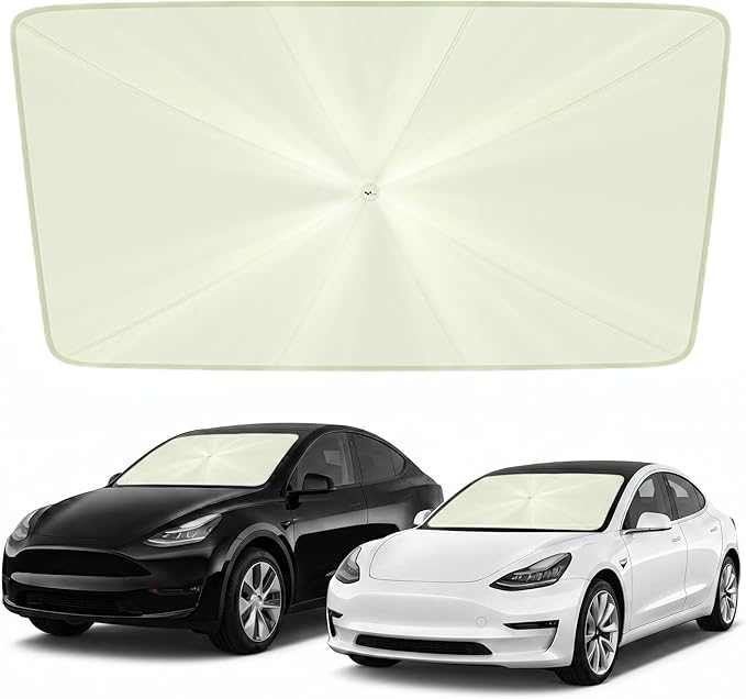 helloleiboo Custom Fit Tesla Model 3/Y Windshield Sun Shade Umbrella, Foldable 5-Layer Vinyl Coating, Reflective Heat and UV Protection
