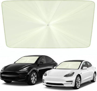 helloleiboo Custom Fit Tesla Model 3/Y Windshield Sun Shade Umbrella, Foldable 5-Layer Vinyl Coating, Reflective Heat and UV Protection
