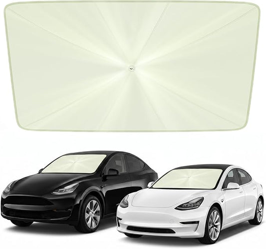 helloleiboo Custom Fit Tesla Model 3/Y Windshield Sun Shade Umbrella, Foldable 5-Layer Vinyl Coating, Reflective Heat and UV Protection