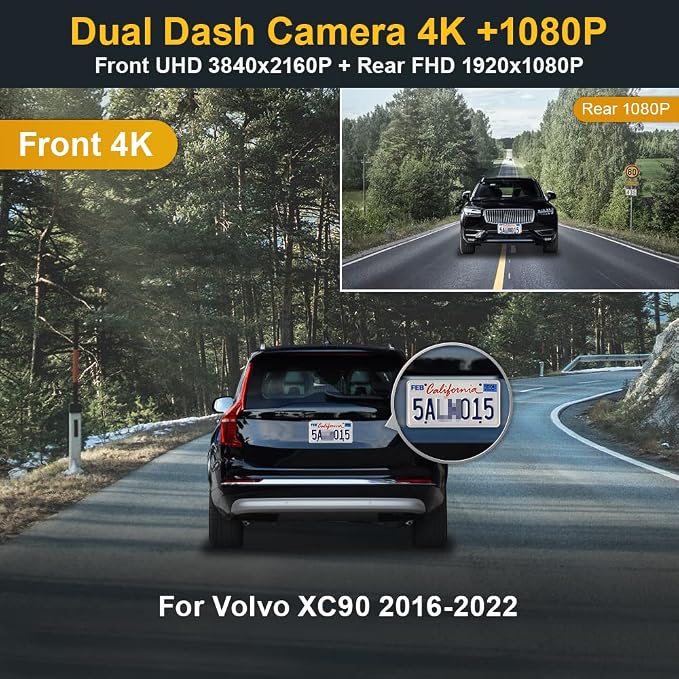 Fitcamx Front 4K+Rear 1080P Dash Cam Adapts for Volvo XC90 2016-2022 T5 T6 T8 (Model A), Integrated OEM Look, Dual HD Video, Loop Recording, Built-in WiFi & APP, G-Sensor, Easy to Set, 128GB Card