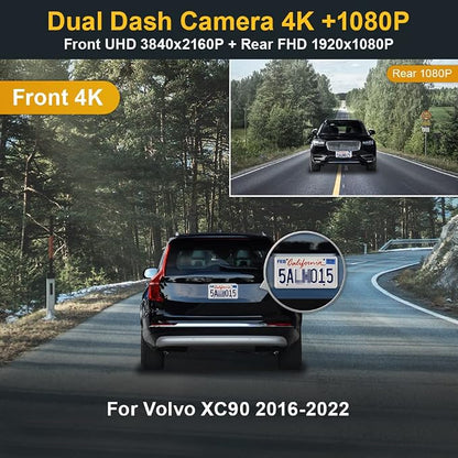 Fitcamx Front 4K+Rear 1080P Dash Cam Adapts for Volvo XC90 2016-2022 T5 T6 T8 (Model A), Integrated OEM Look, Dual HD Video, Loop Recording, Built-in WiFi & APP, G-Sensor, Easy to Set, 128GB Card