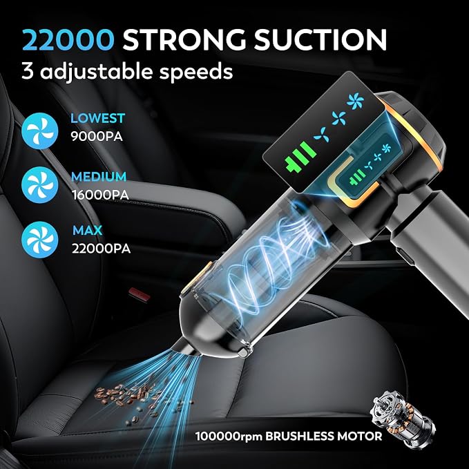 Car Vacuum Cleaner Cordless, 22000PA High Power Portable Handheld Vacuum & Compressed Air Duster, Mini Vacuum with LED Display, 3 Modes Brushless Motor for Car, Home, Office, Camping