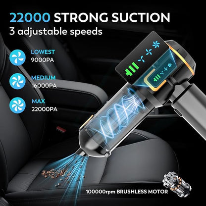 Car Vacuum Cleaner Cordless, 22000PA High Power Portable Handheld Vacuum & Compressed Air Duster, Mini Vacuum with LED Display, 3 Modes Brushless Motor for Car, Home, Office, Camping
