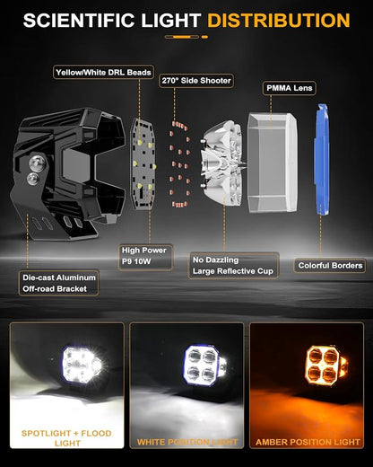 CO LIGHT 3 Inch 10300LM Cube Pods 210° Wide-Angle Yellow/White DRL Offroad Multi-Use for Trucks 4x4 ATV Motorcycle Spot Work Driving Fog Beams