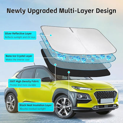 Windshield Sun Shade for Hyundai Kona 2018-2026 Sunshade 300T Windshield Cover Protector Blocks UV Rays Custom Fit Kona Front Window Shades Windshield Accessories Keep Cool Foldable