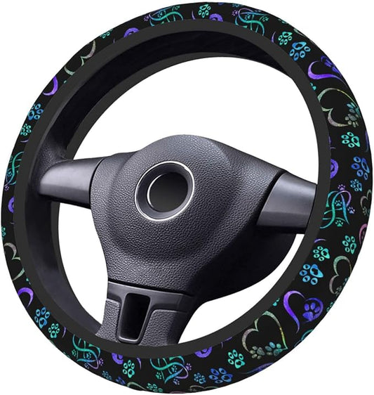 Paw Print Heart Print Steering Wheel Cover Anti-Slip,Sweat Absorption Universal 15 inch Steering Wheel Covers Cute car Accessories for Men Women
