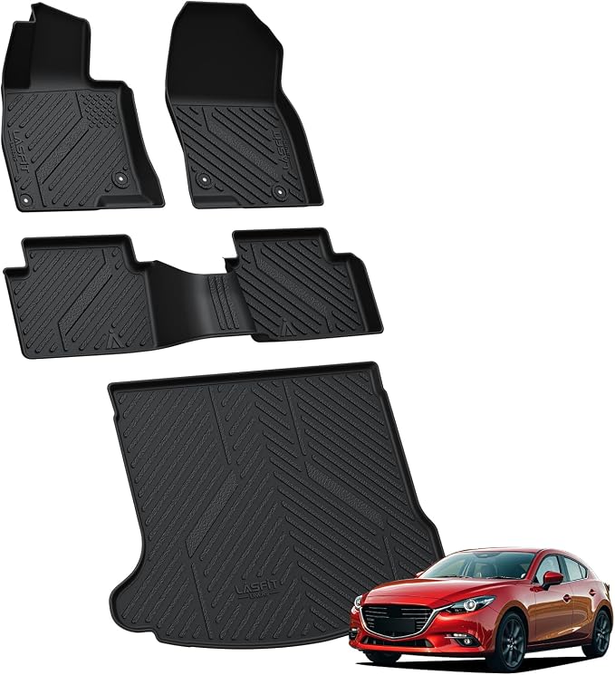 LASFIT Floor Mats & Cargo Mat for Mazda 3 2018 2017 2016 2015 2014 (Only Fits Hatchback, Not Fits Sedan) All Weather TPE Floor Liners Front & Rear Row Full Set Car Mats Accessories - Black