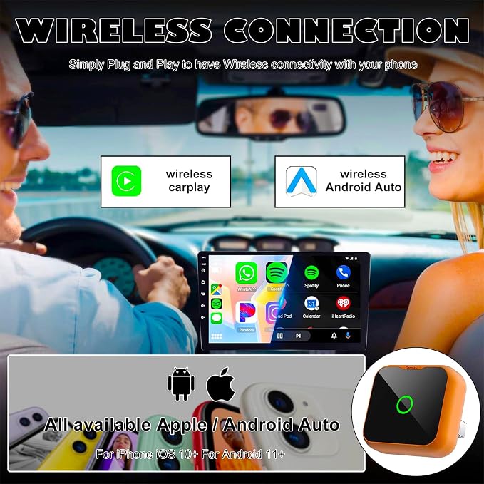 2-in-1 Wireless CarPlay Android Auto Adapter, Plug & Play Wired to Wireless Converter for iPhone Android, Fast Auto Connect,Stable,OTA Update, Ultra Compact (Orange)