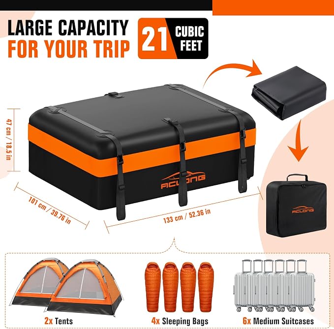 Car Roof Bag 21 Cubic Feet Waterproof 840D Heavy Duty Rooftop Cargo Carrier Bag for All Cars with/Without Racks Includes Anti-Slip Mat Storage Bag Luggage Lock