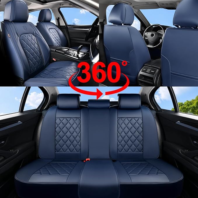 Coverado Car Seat Covers Full Set, Luxury Faux Leather Seat Covers for Cars, Waterproof Car Seat Protector, Blue Car Seat Cover, Universal Automotive Seat Covers Fit for Most Sedan SUV Trucks