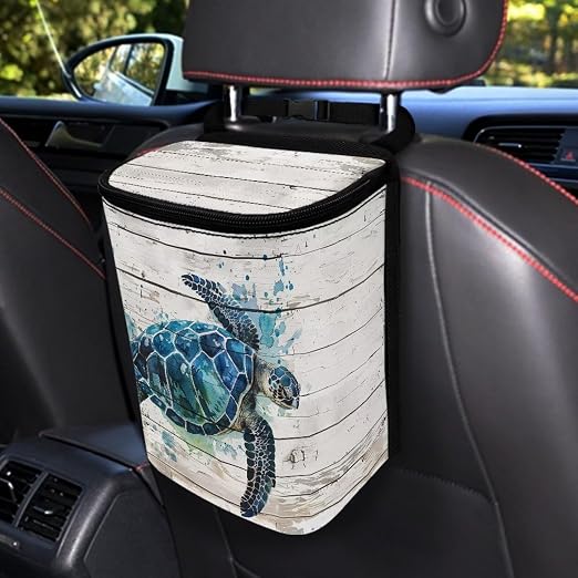 Talayituse Watercolor Turtle Wood Print Car Trash Bin, Large Size Auto Trash Can Adjustable Portable Garbage Can with Lid, Vehicle Hanging Bag for Headrest Front Back Seat