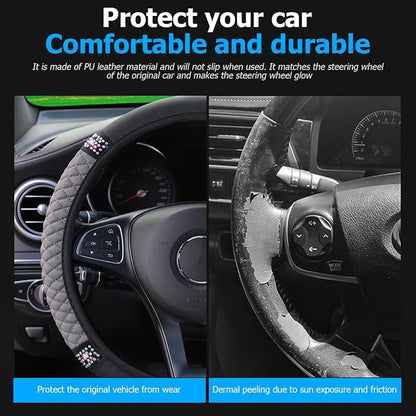 Osilly Bling Car Steering Wheel Cover, 15 Inch Rhinestones Soft Leather Elastic Steering Wheel Protector, Sparkly Crystal Diamond for Women Girls (Gray)