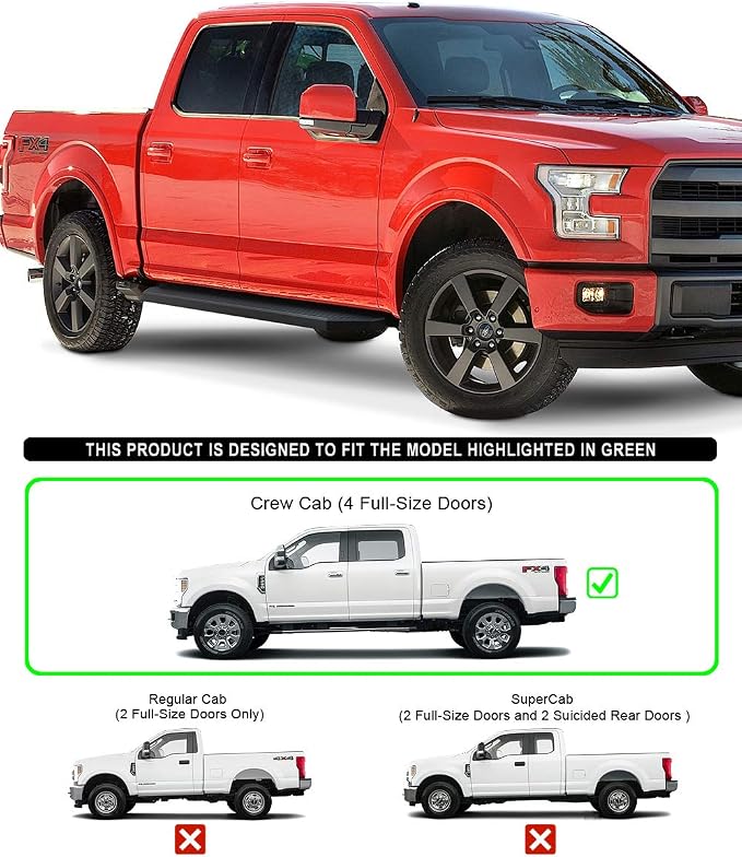 APS 6-inch (Black Stainless Steel Flat Style) Running Boards Nerf Bars Compatible with Ford F150 2015-2026 SuperCrew Cab & F150 Lightning 2022-2026 & F-250 F-350 Super Duty 2017-2026 Crew Cab