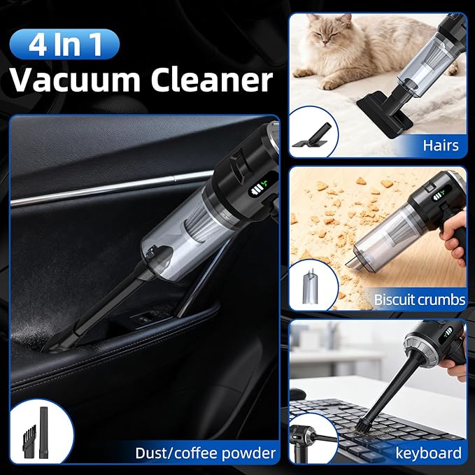 Sycoodeal Handheld Car Vacuum Cleaner, 25000PA Strong Cyclonic Suction Portable Mini Vacuum Cordless with Digital Display Lightweight Handheld for Pet Hair, Car, Home, Office, Kitchen(Silver)