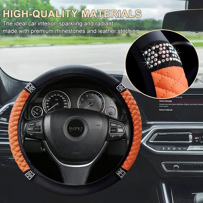 Soft Leather Car Steering Wheel Cover, Universal 15 Inch Colorful Rhinestones Anti-Slip Elastic Steering Wheel Covers for Most Cars, Sparkly Crystal Diamond for Women Girls (Orange)