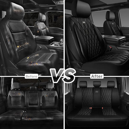 CAR PASS Thick Foam 3D Mesh Leather Car Seat Covers Full Set, Luxury Breathable Premuim Faux Leather Automotive Seat Covers, Airbag Compatible Universal Fit for Most Sedan Van Truck SUV, Pure Black