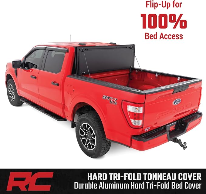 Rough Country Hard Flip-Up Truck Bed Tonneau Cover for Ford F-150 (2015-2020) - Flush Folding Aluminum Bed Cover