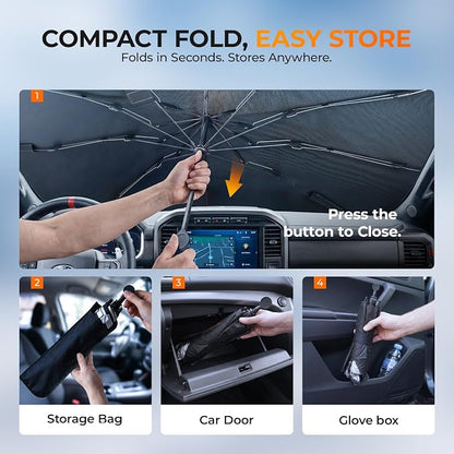 [2026 Upgraded] DooGooCoo Windshield Sun Shade Umbrella for Ford F150 F250 F350 F450 [100% Sunlight Blocked, Cooling Ice Crystal] Sunshade for Car Windshield for f150 Sun Shade 2015-2026.