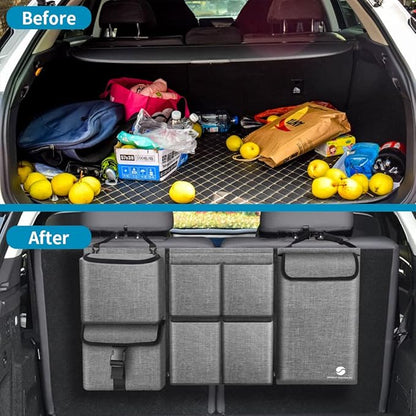 Car Trunk Organizer with Cooler, Hanging Organizers with Large Pockets, Zippers Detachable Seat Back Storage, Waterproof for Jeeps, SUVs, Grey