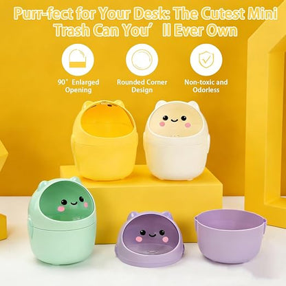 Mini Trash Can, Cute Small Trash Can with Lid, Desktop Paper Bin with 5 Rolls of Bin Liners, Portable Tabletop Dustbin, Cartoon Animal Rubbish Storage for Office Bedroom Desk Kitchen(Yellow)