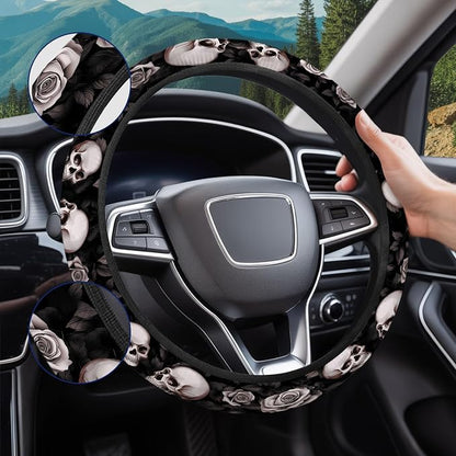 GENANY Rose Skull Steering Wheel Cover, Non Slip Polyester Car Wheel Protector for Car SUV Truck, Universal 15 Inch