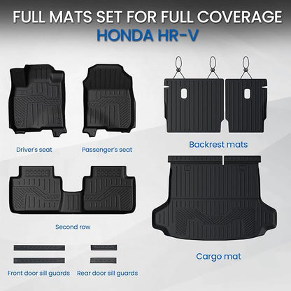 Floor Mats Set for 2023-2025 2026 2027 Honda HR-V, All Weather TPE Backrest Mat Trunk Mat Cargo Liner Door Sill Guards Accessories for HRV