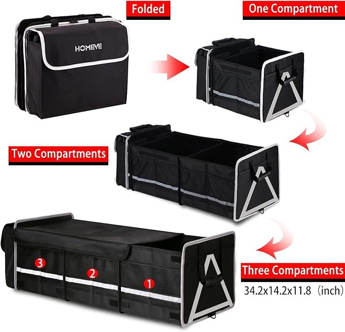 Homeve Car Trunk Organizer for SUV, 25Gal Large Capacity No-Sag Heavy Duty, Foldable Waterproof Anti-Slip Storage with 12 Pockets, Fit Sedan,Truck,Universal Car Accessories, Black, 3 Compart, Large