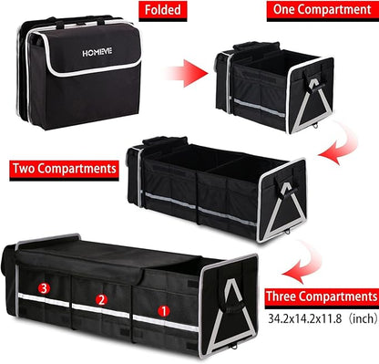 Homeve Car Trunk Organizer for SUV, 25Gal Large Capacity No-Sag Heavy Duty, Foldable Waterproof Anti-Slip Storage with 12 Pockets, Fit Sedan,Truck,Universal Car Accessories, Black, 3 Compart, Large