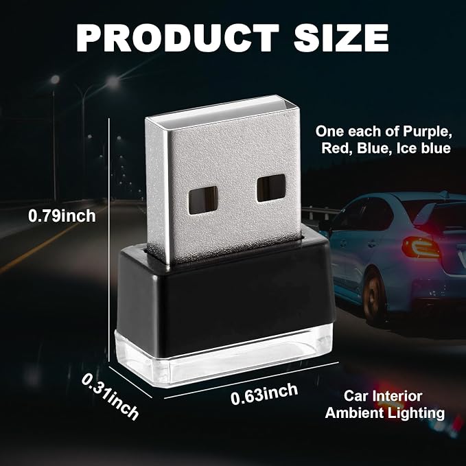 Ziciner 4 PCS USB LED Car Interior Atmosphere Lamp, Portable Mini LED Night Light, Plug-in USB Interface Trunk Ambient Lighting Kit, Universal Interior Accessories (Blue+Red+Ice Blue+Purple)