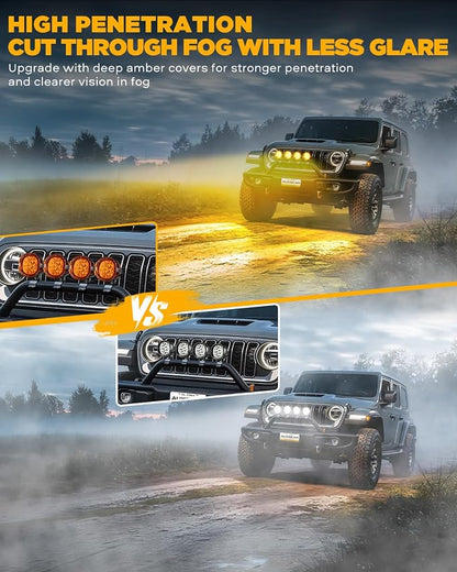Auxbeam P4 Series 4 Inch Deep Amber Light Covers 2300K Dark Amber Tint Round Off-Road Light Lens Cap LED Pods Covers Reduce Glare for Fog & Dust Low Visibility, 2 Packs