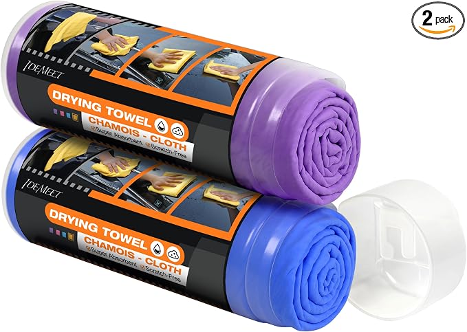 Premium Shammy Towel for Car, Super Absorbent 2 Pack 26""x17"" Car Drying Towel, Reusable Soft Car Wash Cloth, Chamois Cloth for Car, Dust Remove, No Scratch/Spot/Streak, Blue & Purple