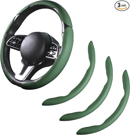 Car Steering Wheel Cover Leather Snap On 3Pcs Set Non-Slip Protector Wrap Steering Wheel Accessories 14.5-15 inch Universal Green