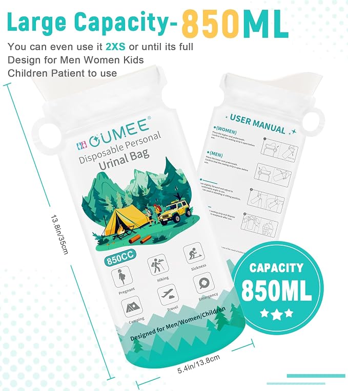 OUMEE 850ML Emergency Disposable Urinal Bags, 8/12/20/28 Pcs Camping Pee Bags Unisex Urine Bag Vomit Bag for Travel Traffic Jam Portable Toilet Bag for Men Women