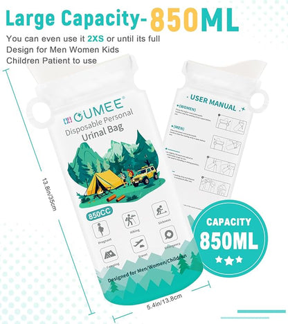 OUMEE 850ML Emergency Disposable Urinal Bags, 8/12/20/28 Pcs Camping Pee Bags Unisex Urine Bag Vomit Bag for Travel Traffic Jam Portable Toilet Bag for Men Women