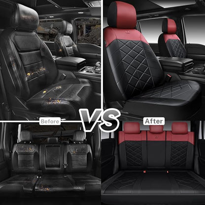 CAR PASS Memory Foam Leather Front Seat Covers, Breathable Perforated Nappa Leather Seat Covers Universal Fit for Cars,SUV,Truck Seat Covers Thick 3D Foam Comfort, Airbag Compatible Black Burgundy Red