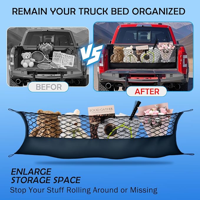 Truck Bed Cargo Net for 2015+ Ford F150 & 2017+ F250/F350/F450 Accessories, Envelope Style Trunk Mesh Cargo Net, Heavy Duty&Double-Layer Nylon Storage Netting Organizer(Not for Spray-in Liner Beds)