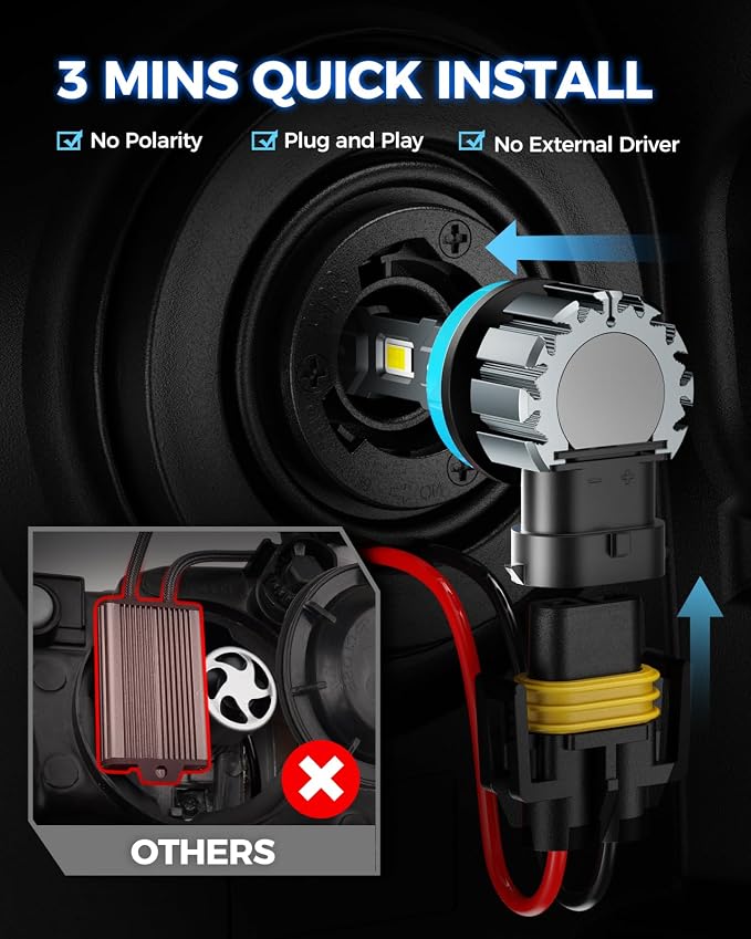 Marsauto H11 Bulb, 30000LM Brightness Output 6000K Cool White,H8 H9 H11 Fog Bulbs IP68 Waterproof 60000Hrs Lifespan, 3Mins Installation, 2 Pack