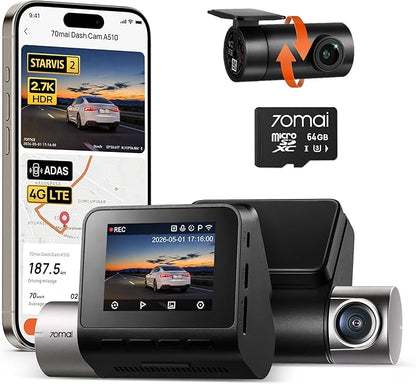 70mai Dash Cam Front and Rear A510,1944P+1080P with STARVIS 2 IMX675 and 64GB Card, Dash Camera for Cars, 4G LTE Support, ADAS, Built-in GPS WiFi, APP Control, HDR, 24H Parking Mode, Loop Recording