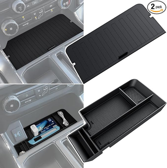 Center Console Organizer Cover for Ford F150 Accessories 2021-2024 2025 & Lightning XLT 2022 2023 2024 Middle Console Secret Pocket Lid Interior Hidden Storage Compartment Tray with USB Holes, 2PCS
