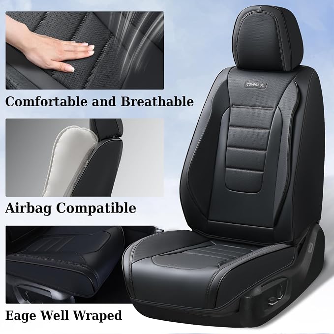 Coverado Seat Covers Full Set, Car Seat Cover Black, Seat Covers for Cars, Car Seat Protector, Nappa Leather Car Seat Cushion, Waterproof Car Seat Covers Front Seats and Back Fit for Most Cars