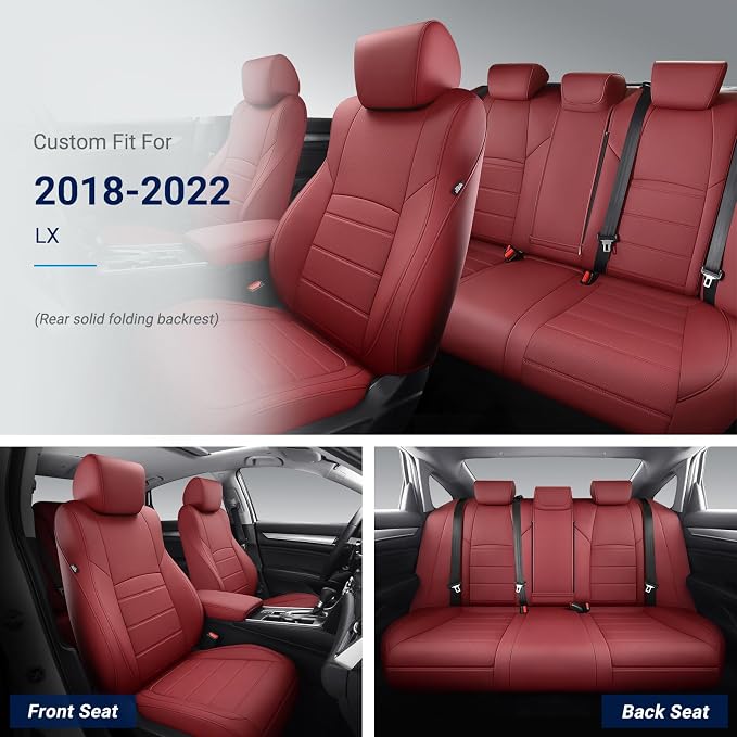Custom for Honda Accord Seat Covers 2018 2019 2020 2021 2022 LX, Faux Leather Car Seats Cover Full Set (Rear Solid Folding backrest) - Burgundy