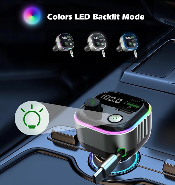 LIHAN Bluetooth 5.4 FM Transmitter for Car, 36W(12V)-65W(24V) Type C Retractable Cord Fast Charger, Wireless Audio Adapter with Hi-Fi Bass,Hands-Free Call,Music Player,Compatible with iPhone & Android