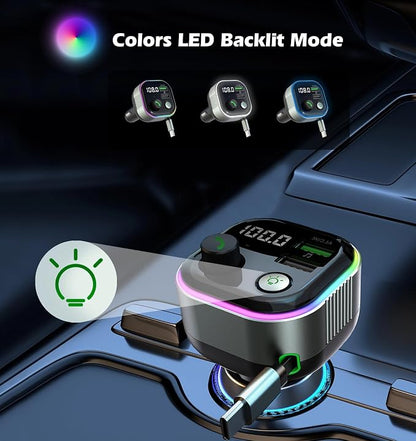 LIHAN Bluetooth 5.4 FM Transmitter for Car, 36W(12V)-65W(24V) Type C Retractable Cord Fast Charger, Wireless Audio Adapter with Hi-Fi Bass,Hands-Free Call,Music Player,Compatible with iPhone & Android
