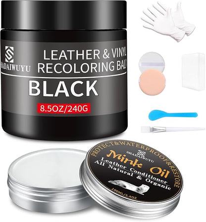 SHADAIWUYU 8.5oz Leather Recoloring Balm with 100ml Mink Oil,Black Leather Repair kit for Furniture and Car Interior,Leather Couch Scratch Repair,Leather Dye Paint,Mink Oil for Leather