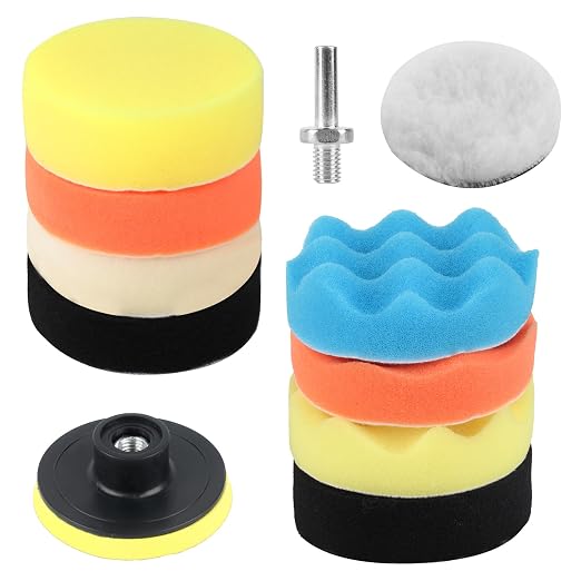 11Pcs Car Buffing Pads for Drill Polishing Kit, 3Inch Foam Polishing Pads, Car Buffers and Polishers Kit, Wool Pads Wax Buffer Drill Attachment with M10 Adapter